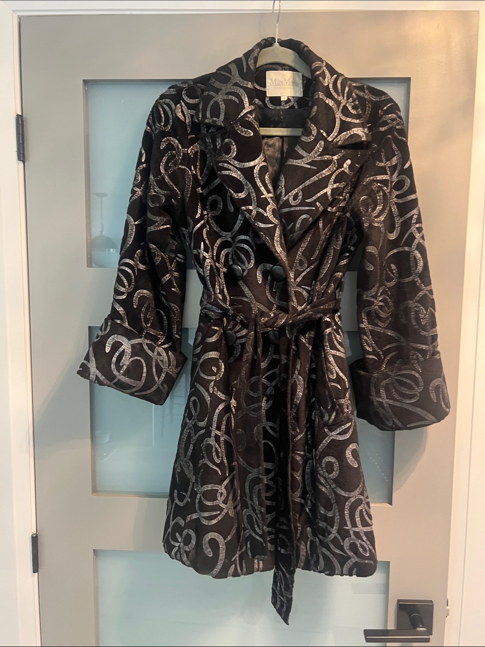 MaxMara Black coat with Metallic Silver Swirl Motif